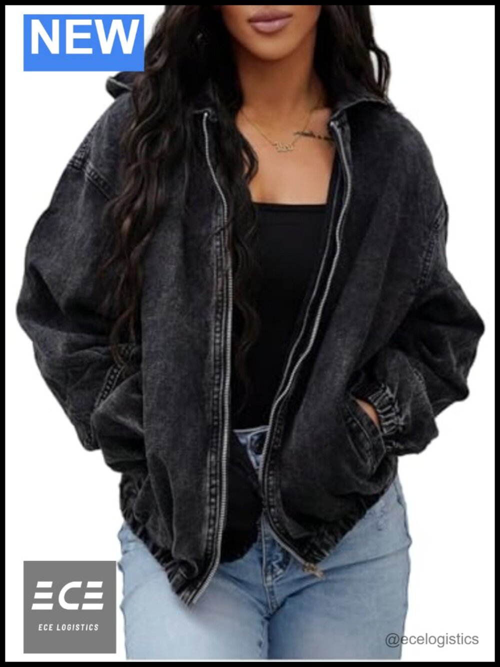 Womens Hooded Zip Up Washed Denim Bomber Jacket Loose Fit Elastic Hem